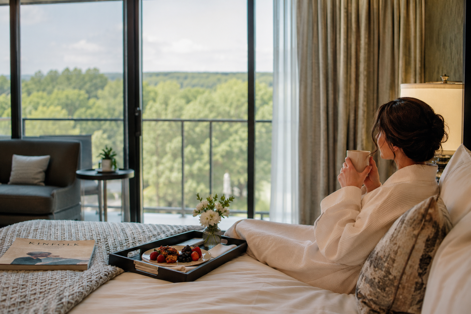Woodcliff_Play-Dine-Unwind Guest enjoying a relaxing midweek escape at Woodcliff Hotel & Spa, complete with breakfast in bed and panoramic views of the Bristol Hills.